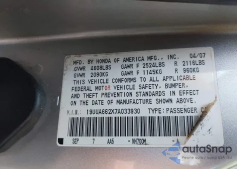 2007 Acura Tl 3.2 из США, поврежденный, VIN 19UUA662X7A033930